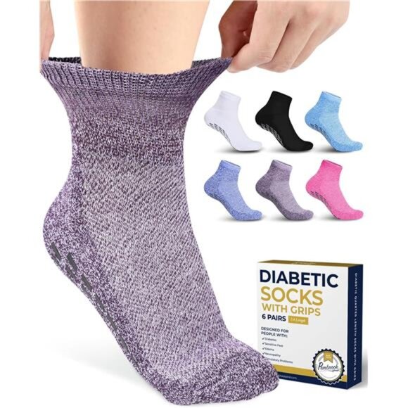 6 Pairs Diabetic Ankle Socks for Men & Women with Grips-12Colors Neuropathy Sock - Picture 1 of 7